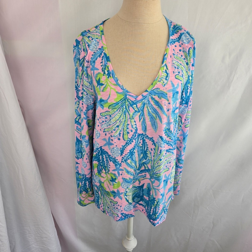 Lilly Pulitzer Long Sleeve Etta V Neck T-shirt Hip Nautic Size L Top Cotton
